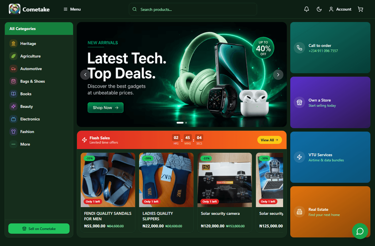 Cometake storefront homepage with a New Arrivals hero banner, category sidebar, flash sales products, and quick-access promo tiles