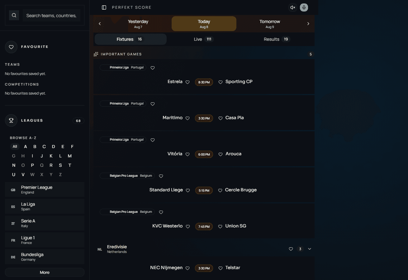 PerfektScore dashboard showing today's fixtures, live match count, and league sidebar