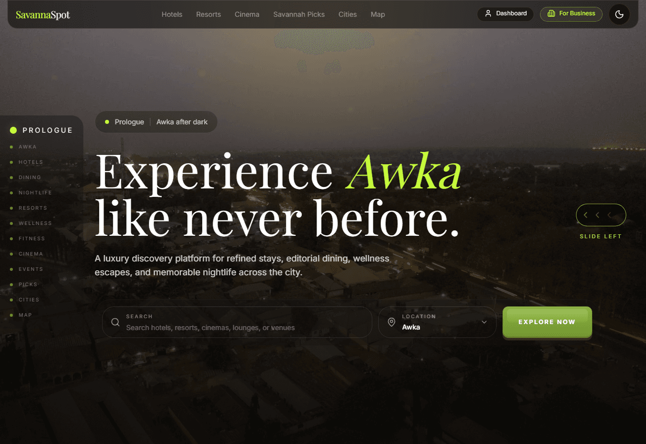 SavannaSpot homepage: "Experience Awka like never before" over a night skyline, with search and category sidebar