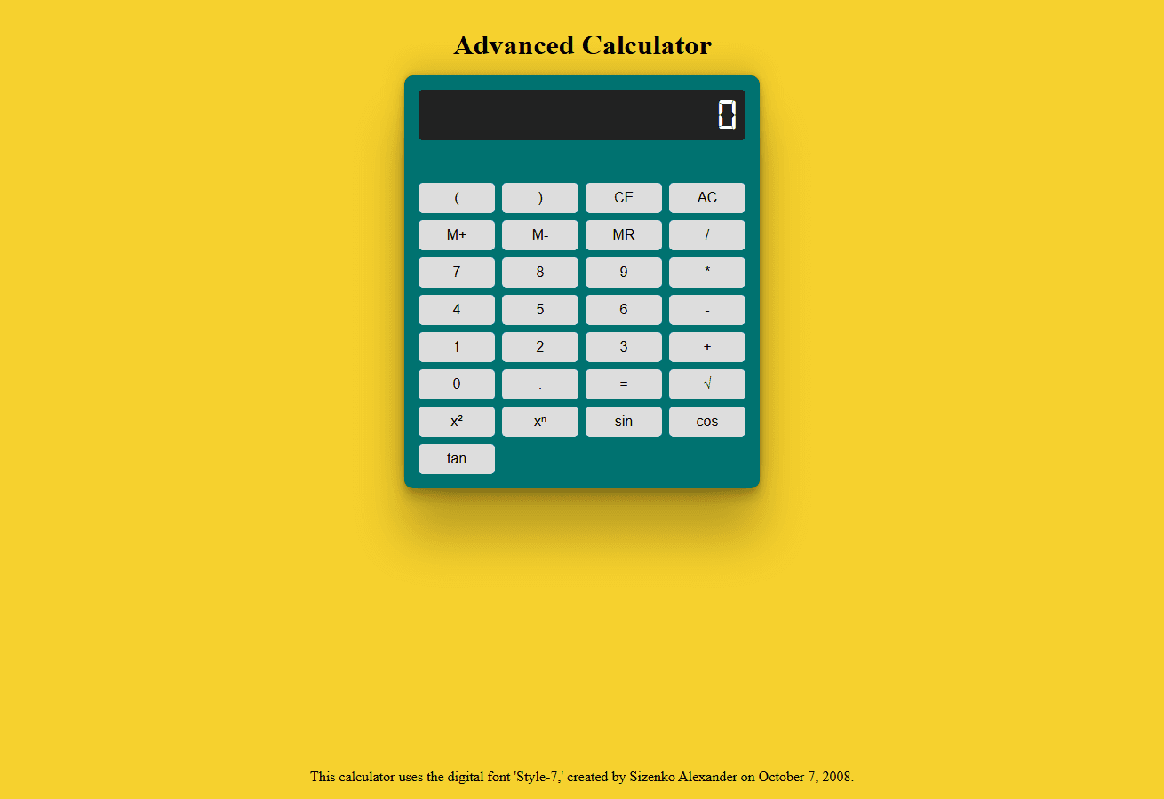 Advanced calculator app with a large display, scientific function keys, and a bright yellow background