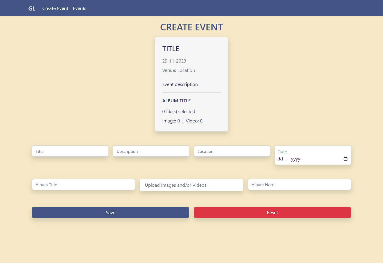 Event update editor with a preview card, event form fields, and Save and Reset buttons beneath the inputs