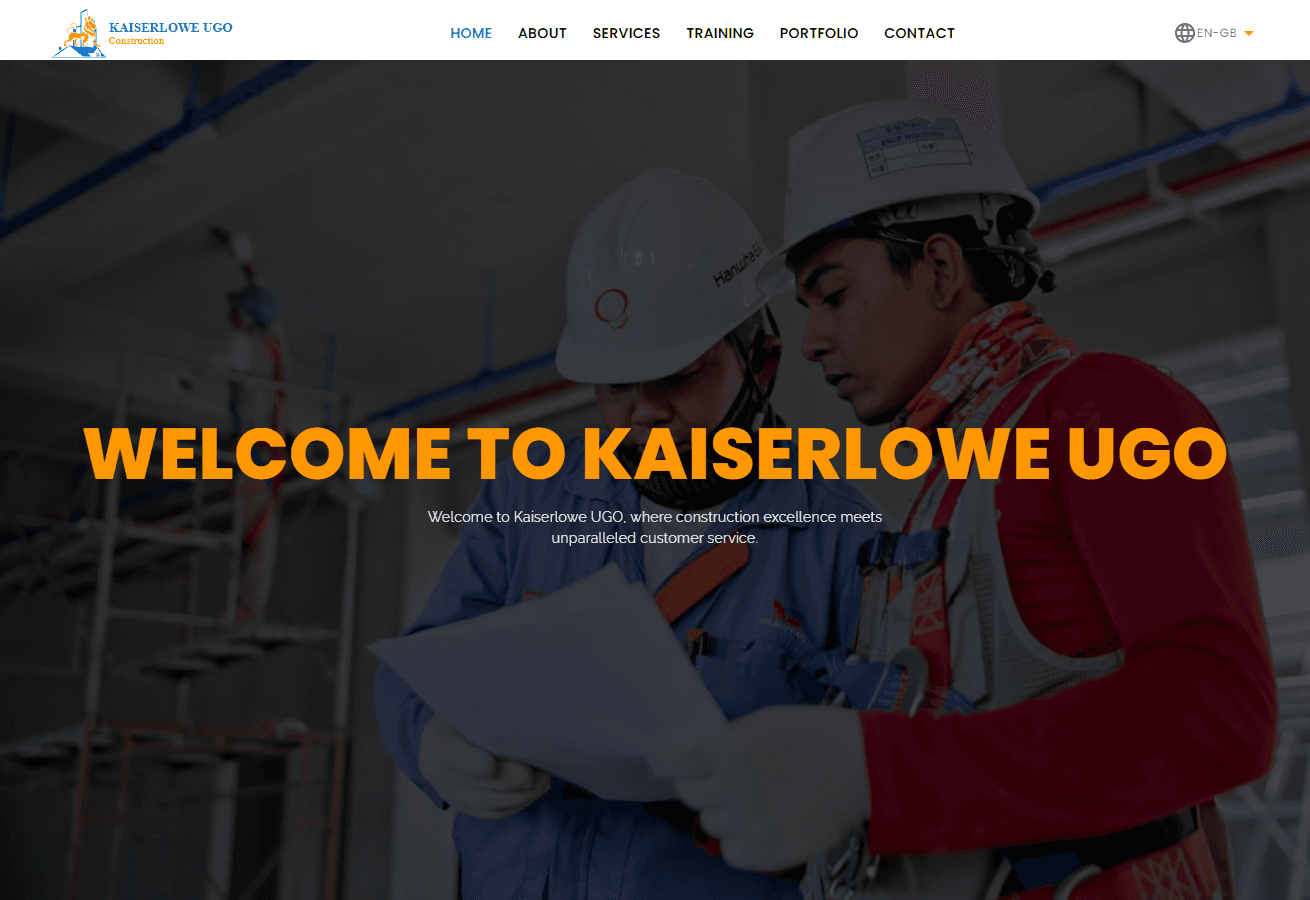 Kaiserlowe UGO homepage with a construction hero image, blue navigation bar, and a bold welcome headline