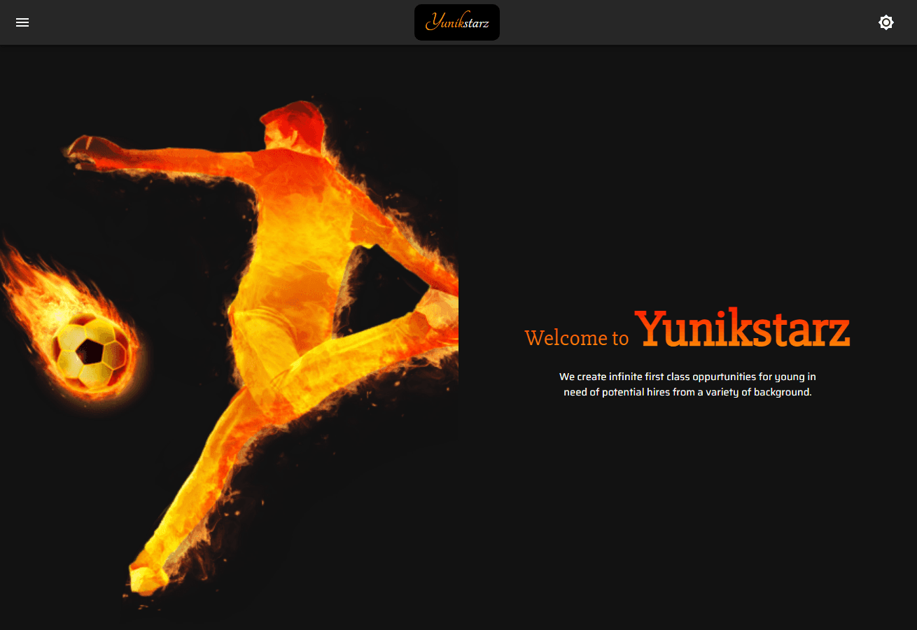 Yunikstarz sports agency homepage with a dark hero, flaming football artwork, and the company introduction on the right